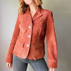 Vintage Y2K Orange 100% Leather Suede Button Up Blazer Jacket